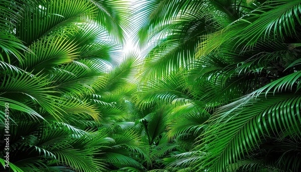 Fototapeta Lush, vivid green palm fronds create a dense canopy, with a glimpse of bright sky visible through the leaves