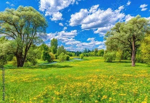 Fototapeta Lush meadow with trees and a river under a vibrant sky.