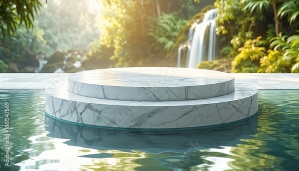 Fototapeta Elegant marble platform near water featuring a natural cascade backdrop and verdant plant life creating a serene, tropical atmosphere
