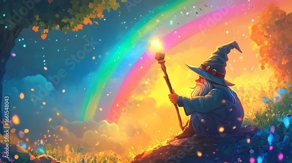 Fototapeta Wizard observing rainbow in meadow