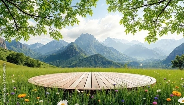 Fototapeta Wooden Platform in a Lush Meadow with Colorful Flowers and Majestic Mountains in the Background