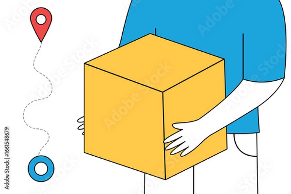 Fototapeta Courier hands holding a large box with location icons in the background.