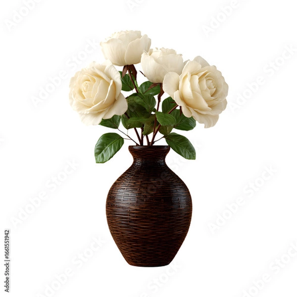 Fototapeta Elegant White Roses in a Textured Vase Against a transparent backdrop, Creating a Striking Contrast