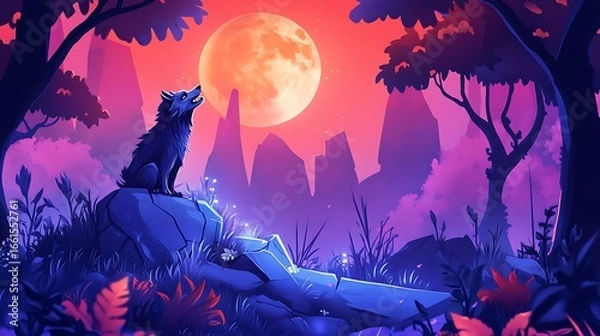 Fototapeta Wolf on moonlit rock in fantasy forest