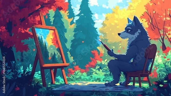 Fototapeta Wolf painting in autumn forest