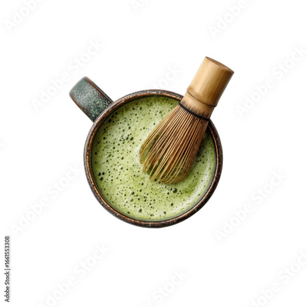 Obraz Overhead View of Matcha Latte in Rustic Mug with Bamboo Whisk