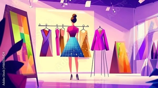Fototapeta Woman browsing fashion apparel in trendy store