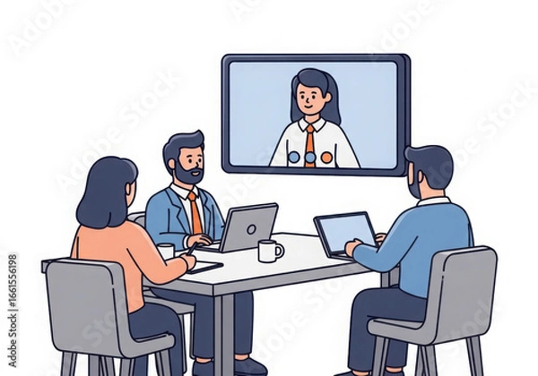 Fototapeta A flat illustration of People attending a virtual business meeting with a colleague on a screen isolated on white background