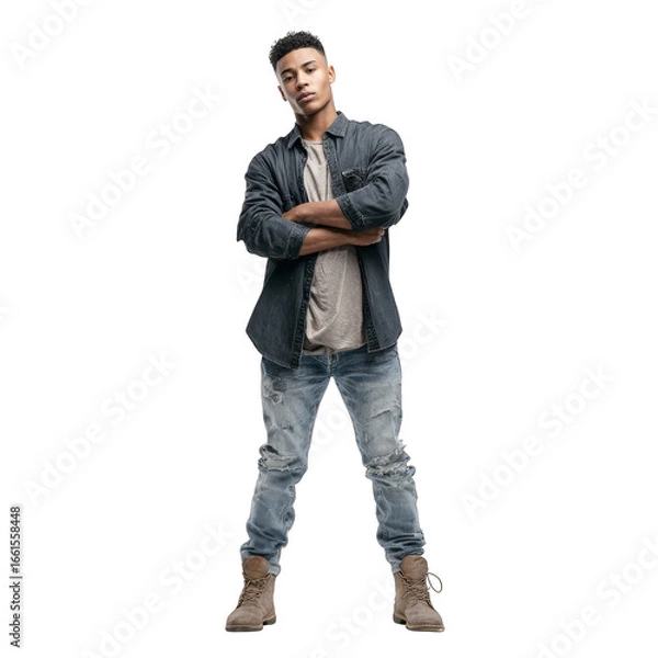 Fototapeta A full length portrait of a casually dressed man wearing a plain gray t shirt and classic blue denim jeans standing confidently against a simple neutral background in a studio setting.