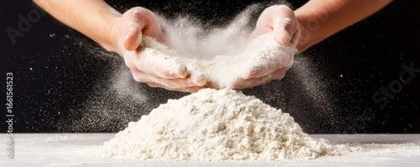 Fototapeta A person is sprinkling flour from their hands, creating a cloud of powder over a mound of flour on a surface, emphasizing the texture and movement of baking.