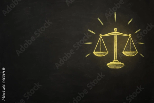 Obraz Yelllow justice scale chalk drawing on blackboard with copy space. symbolizing law, equality, and fairness. Minimal style with wide empty copy space for text or branding. Legal, business and education