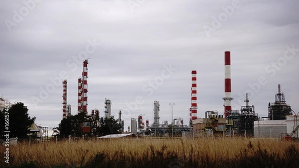 Fototapeta refinery industry chimneys as a background in grey day