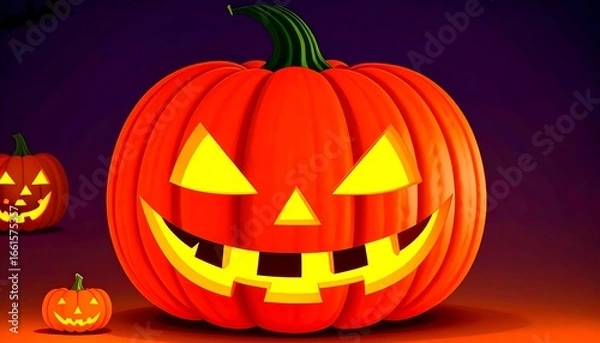 Fototapeta Spooky illuminated jack-o'-lanterns against a dark backdrop for festive Halloween celebration