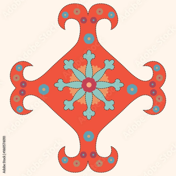 Fototapeta Colorful flower motif from a handmade Suzani embroidery of Uzbekistan. A detailed piece of ethnic textile art symbolizing tradition and craftsmanship.