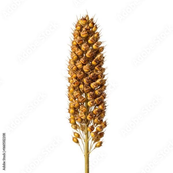 Fototapeta Mature sorghum seed head, golden-brown grains, visible texture on white studio background, ultra-photorealistic 8K commercial product photography, concept for agricultural product purity