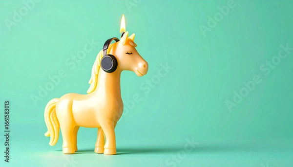 Obraz Minimalist surreal unicorn candle wearing headphones on pastel turquoise background. Modern and creative digital illustration, perfect for fantasy and futuristic concepts.