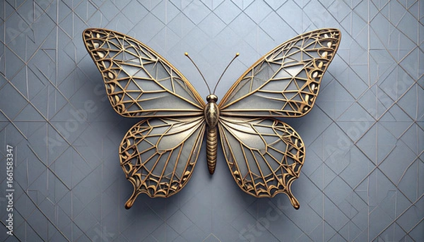 Obraz Elegant golden butterfly sculpture with geometric wings on a modern abstract background, symbolizing transformation, luxury, and delicate beauty. Perfect for art, design, and decor themes.