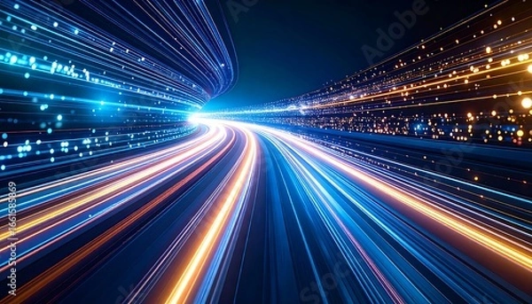 Obraz Streaking Lights of a Futuristic Highway at Night, Blue and Orange Trails.