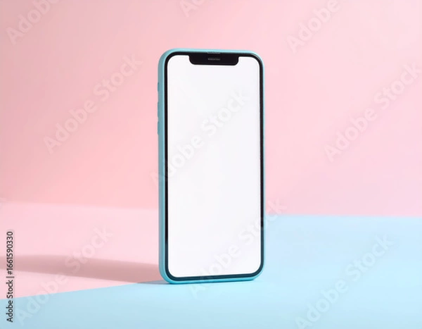 Fototapeta ピンクとブルーの背景に立つスマートフォンのモックアップイラスト