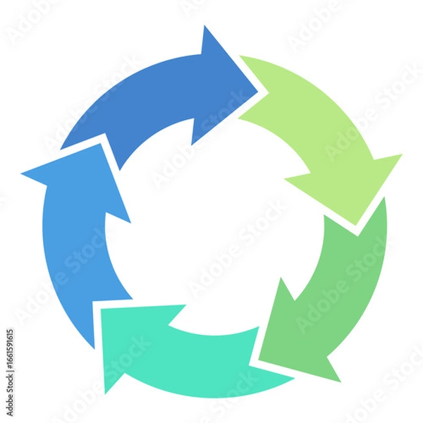 Fototapeta 5つの矢印が循環するシンプルな回転矢印3（サイクル矢印）　カラー　寒色系　単体