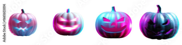 Fototapeta Cyberpunk style Halloween pumpkins glowing with neon colors and spooky faces creating vibrant festive atmosphere