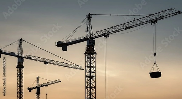 Obraz Silhouette of tower cranes at dusk against a dramatic sky.

