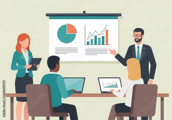 Fototapeta A flat illustration of Business presentation with graphs and charts being discussed by a team in a meeting setting isolated on white background
