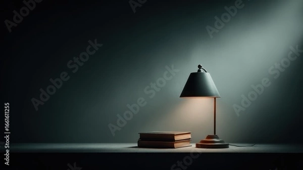 Fototapeta Minimalist Scene Featuring a Desk Lamp and Stacked Books in Soft Dramatic Lighting