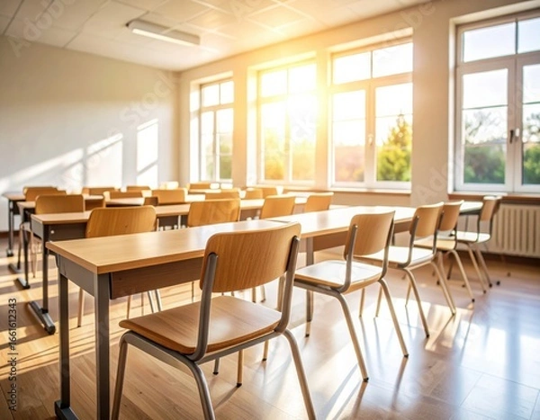 Fototapeta An empty classroom is filled with sunshine, awaiting students.