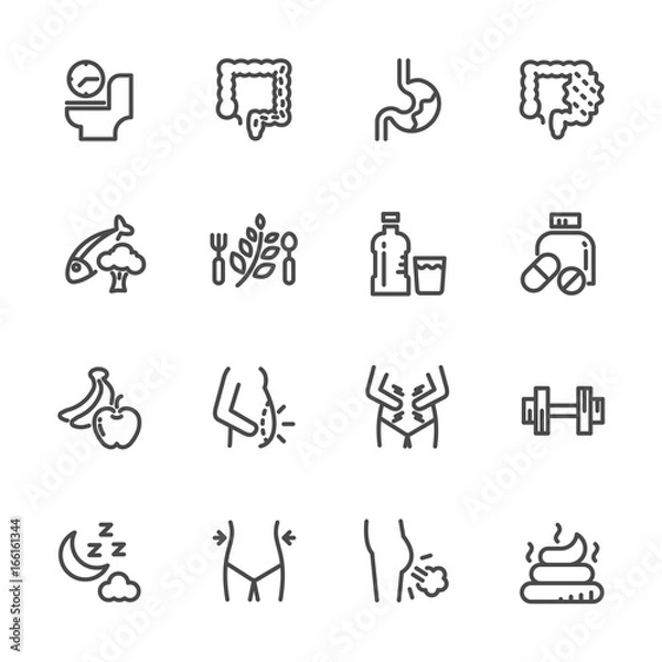 Fototapeta Cause, effect, and prevention of constipation or digestive system. Vector line icons