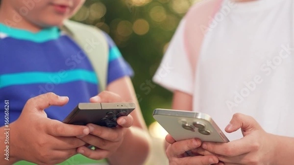 Fototapeta Children play online games with phone in their hand outdoors. School children with backpack walk street using smartphone. Boy girl child communicates using smartphone. Modern technologies urban life