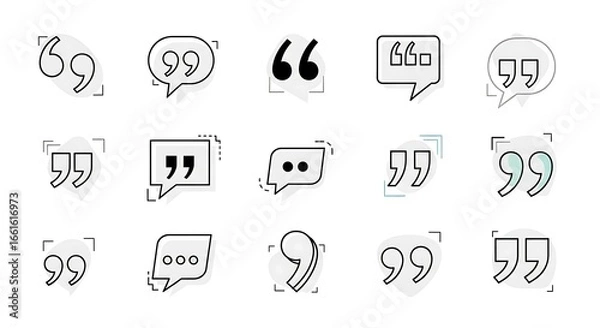 Fototapeta Diverse Quote Mark Icons: Speech Bubbles and Punctuation in Black and White with Subtle Color Accents