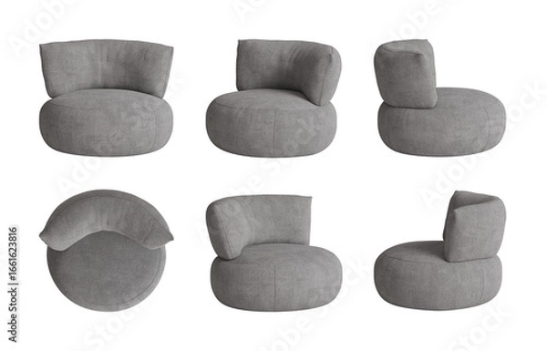 Fototapeta Set of six views of a contemporary round armchair with gray boucle cover isolated on a translucent background. Front view, top view, two sides, and two perspectives. 3d render