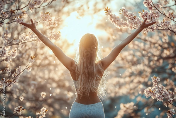Obraz A blonde woman from behind doing a stretching pose under cherry blossom trees, petals falling all around, soft sunlight, pink tones, harmonious spring energy.