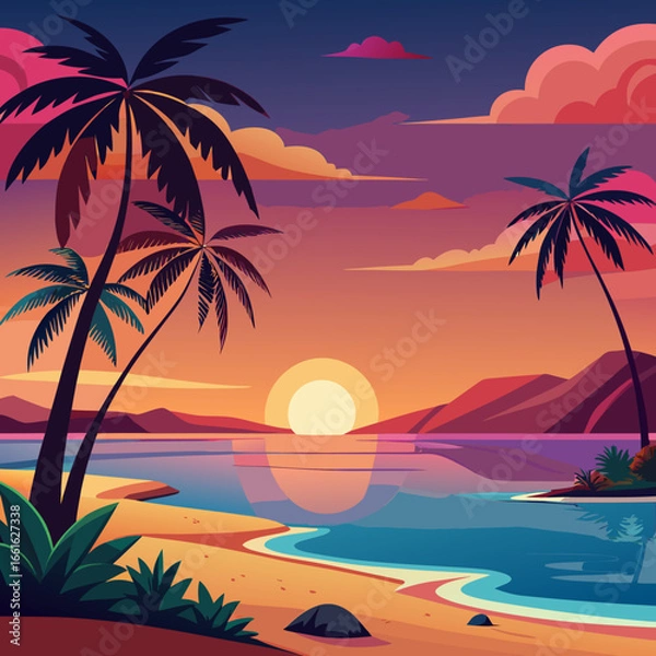 Fototapeta Tropical Sunset Paradise: A stunning sunset paints the sky with vibrant colors as the sun dips below the horizon, casting its warm glow upon the ocean. Palm trees frame the serene beach.