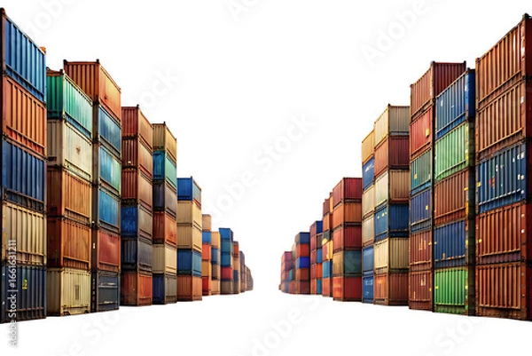 Fototapeta Surreal Vast Desert Landscape Divided by Towering Walls of Shipping Containers Symbolizing Global on white background ,PNG.AI Generated.