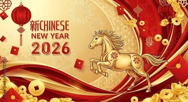 Fototapeta Golden Horse Leaping into Chinese New Year 2026 Celebration with Lanterns and Lucky Coins