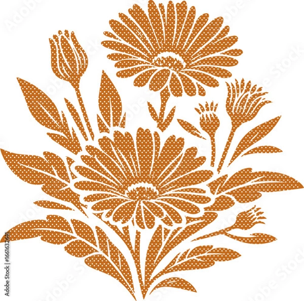 Fototapeta A charming bouquet of stylized calendula flowers and buds, rendered in a rustic orange with polka dots. Perfect for autumnal designs.