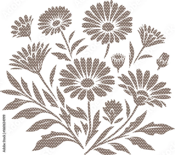 Fototapeta A stylish bouquet of calendula flowers in a taupe polka dot pattern vector illustration. Perfect for textile design, wallpaper, and more.