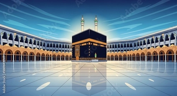 Fototapeta Illustrated Kaaba in Mecca with Reflective Courtyard and Minarets Against a Blue Sky