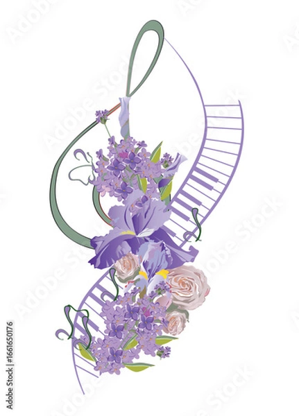 Fototapeta Abstract treble clef decorated with spring and summer flowers, notes. Hand drawn vector musical illustration.