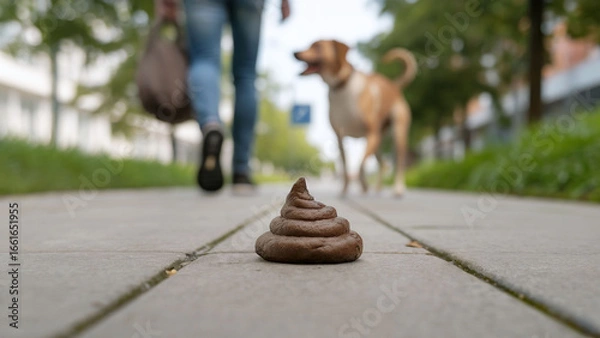 Fototapeta Dog owner walking away from uncollected dog poop on a sidewalk. The poop is in sharp focus with the owner and a dog blurred in the background.