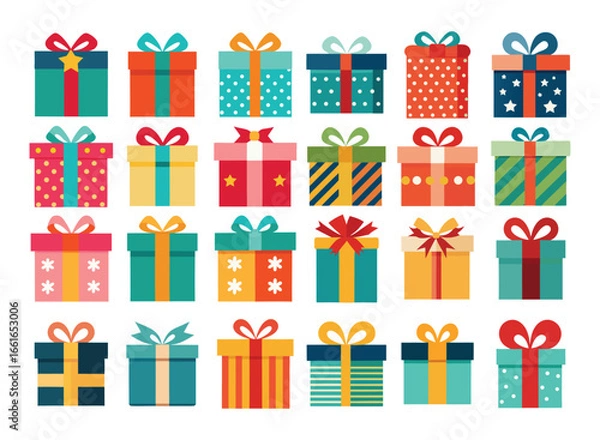 Fototapeta  Colorful assortment of gift boxes with ribbons and bows on white background
