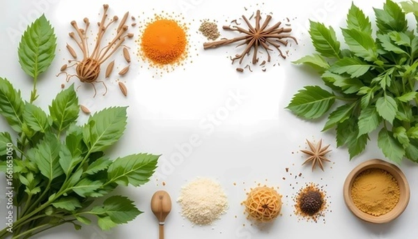 Fototapeta Top view photo of Asian fresh ingredient and spices on white background