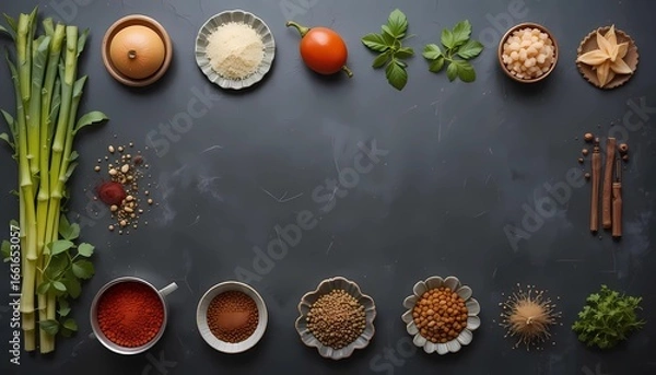 Fototapeta Top view photo of Asian fresh ingredient and spices on rustic dark background
