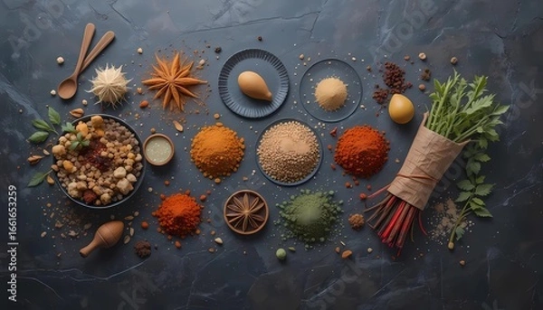 Fototapeta Top view photo of Asian fresh ingredient and spices on rustic dark background