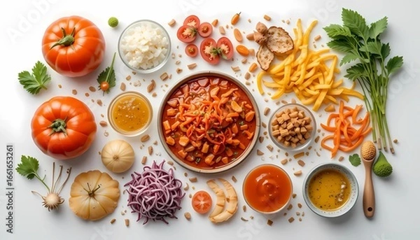 Fototapeta Top view photo of Asian fresh ingredient and spices on white background