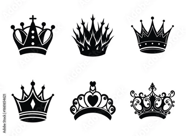 Fototapeta  Collection of various crown designs in black silhouette isolated on white background