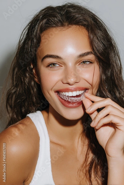 Obraz Young Woman Smiling with Clear Dental Aligners in Natural Light