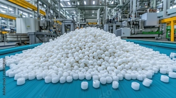 Obraz White Plastic Pellets on Conveyor Belt in Factory